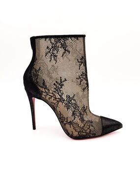 Christian Louboutin Zip Black Lace Heeled Booties PointedToe Ankle Boots EU 36.5